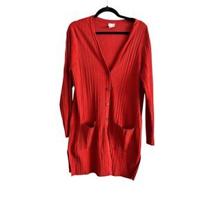 Chicos Rust Orange Ribbed V Neck Button Front Long Duster Cardigan Sz Large C 2